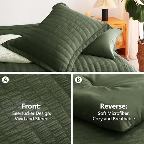 CozyLux Full Size Comforter Sets with Sheets Seersucker 7 Pieces Olive Green Bed in a Bag Textured Luxury Soft Bedding Set with Down Alternative Comforter, Sheets, Pillowcases & Shams for All Seasons CozyLux