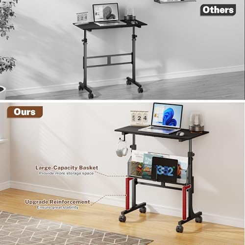 Height Adjustable Standing Desk With Storage, Small Stand Up Desk With wheels, Portable Rolling Desk for Home Office, Mobile Sit Stand Desk for Small Spaces, For Walking Pad Treadmill, Black Huxitocan
