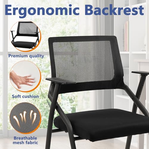 CLATINA Stackable Foldable Conference Room Chairs with Wheels, Portable Padded Office Desk Chair with Lumbar Support and Armrest for Training Room, Guest, Reception, Event, Black (8pk) CLATINA