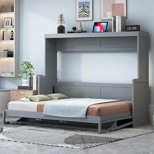 Full Horizontal Murphy Bed with Desk,Solid Wood Folding Hideaway Murphy Wall Bed for Adult,Guest Room (Grey) MERITLINE