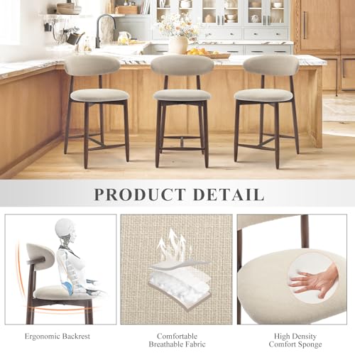 COLAMY Counter Height Bar Stools Set of 2, Kitchen Bar Stools with Back, Mid Century Modern Upholstered, with Wood Legs for Kitchen Island Dining Room, Beige COLAMY