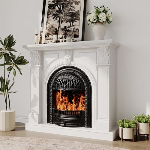 BOSHIRO 48" Electric Fireplace Tv Stand with Mantel, Entertainment Center with Black Birdcage Fire Place Heater & Carved Square Column Design for Living Room, Bedroom BOSHIRO