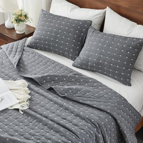 ENJOHOS 100% Cotton King Quilt, King Size Dark Grey Bedspread, Reversible Lightweight Super Coverlet Comforter Bedding with Shams for All Season ENJOHOS