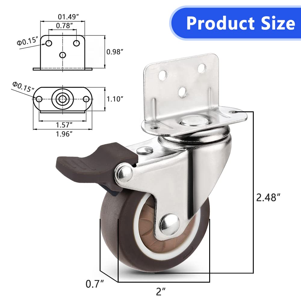 Heavy Duty Casters Set of 4 with Brake,L-Shape Side Mount TPR Plate Caster Wheels Replacement for Baby Bed, Carts Trolley, Kitchen Cabinet, Furniture, Table, Loading Capacity 240 Lbs (2” L-Shape) Molen