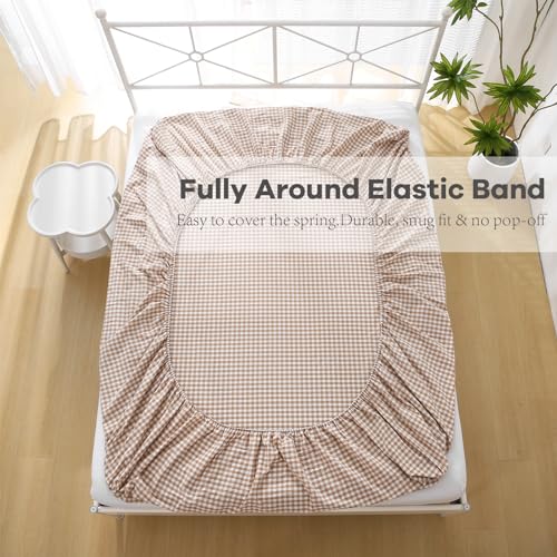 K MASANIJI Taupe White Plaid Ruffle Sheets Full Size 4-Piece Set, 300TC 100% Yarn Dyed Cotton Sheets Deep Pocket Farmhouse Gingham Decorative Bedding (Taupe/White Plaid, Full) K MASANIJI