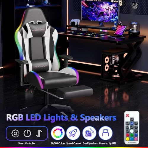 Mr IRONSTONE Gaming Chair, Video Game Chair with Bluetooth Speakers and Led Lights, Office Chair with Massage and 3D Armrest High Back Computer Racing Chair, Cheap Gaming Chairs for Adults,Black/White Mr IRONSTONE