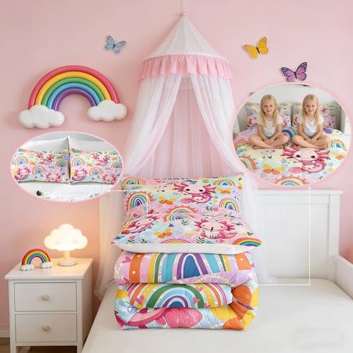 Feelyou Cute Axolotl Comforter Cartoon Salamander Comforter Set for Kids Boys Girls Rainbow and Butterflies Bedding Set Ombre Quilt Set Bedroom Collection 2Pcs Twin Size Feelyou