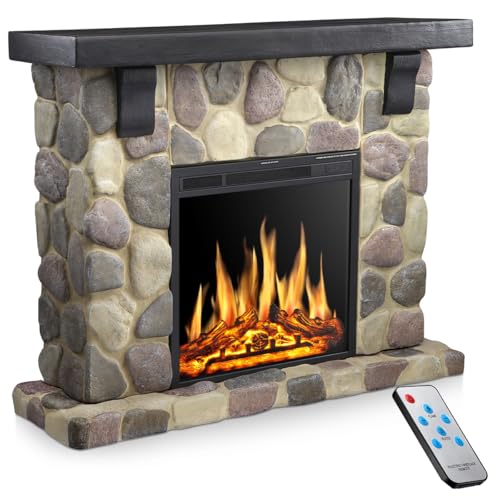 Electactic 50" Electric Fireplace TV Stand, Fireplace with Faux Stone-Look Mantel, Realistic 3D Flame Effect, 7 Brightness, 750W/1500W Dual Heat Settings, Remote Control for Living Room/Bedroom(Round) Electactic