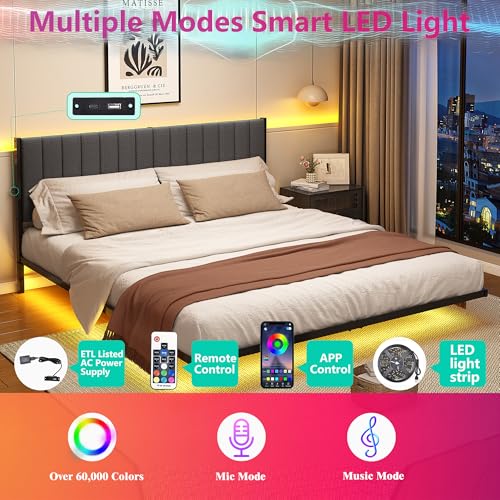 ARFARLY King Size Bed Frame with LED Lights and Charging Station, Floating Bed Frame with Upholstered Headboard, Metal Platform Bed Frame King with Under Bed Storage, No Box Spring Needed/Grey ARFARLY