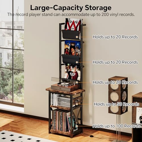 Homeiju Record Player Stand with Power Outlet, 6 Tier Vinyl Record Display Shelf, Record Player Table with album storage up to 200 Albums, Console Organizer Display Shelf, Gifts for Music Lovers Homeiju
