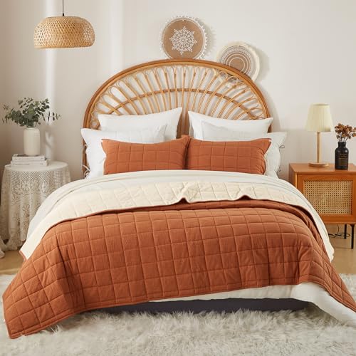 softpage Cotton Quilt Bed Spreads, 3-Pieces Bedding Set with Coverlet Light Weight Quilt Blanket with 2 Pillow Shams (Burnt Orange, Queen) softpage