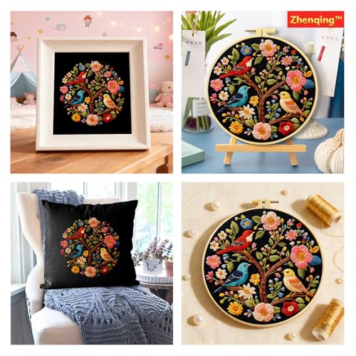 Zhenqing Three Birds on Floral Tree Embroidery Kit for Beginners, Pre-Printed 29x29cm Cotton Fabric with 20cm Hoop, Colorful Birds Design on Dark Background (C0240)