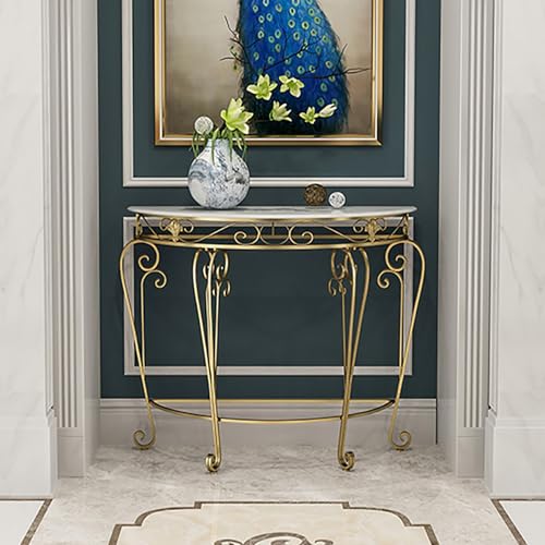 PFJERSIYC Half Moon Console Table with Metal Scroll Legs, Faux Marble Top Entryway Table, Semi Circle Sofa Accent Foyer Table for Living Room, Hallway, Entrance, Small Spaces(Gold,24x12x27.5in) PFJERSIYC