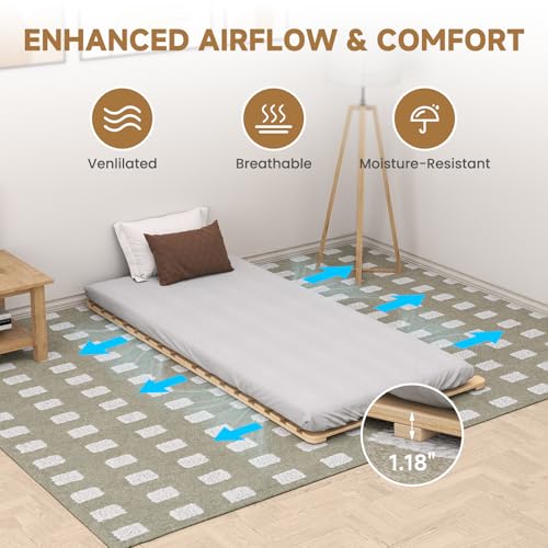 LILYPELLE Floor Bed Frame, Foldable Tatami Bed Frame, Breathable Moisture-Proof Bed Plate, Japanese Floor Bed, Wood Slatted Floor Bed Frame for Floor Sleeping or Futon Mattress, Twin LILYPELLE