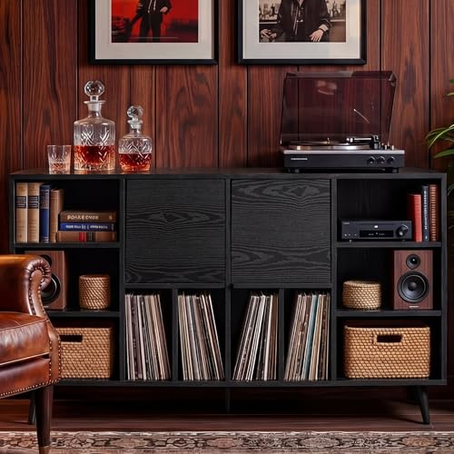 IRONCK Large Record Player Stand 55", Holds 600+ Vinyl Record Storage Cabinet with Charging Station, Mid Century Modern Turntable Stand for Living Room, Bedroom, Black IRONCK