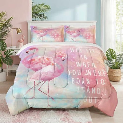 WeCozy King Size Comforter Set with 2 Pillowcases, Pink Summer Flamingo Flower 3 Pcs Bedding for Kids and Adults, Rainbow Colorful Animal Soft Comforter Set for Bedroom Bed Decor