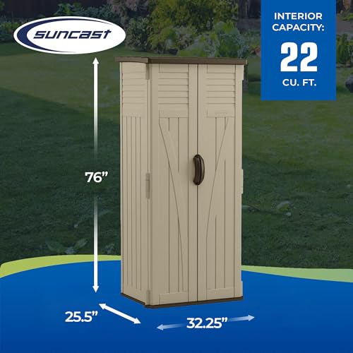 Suncast 22 Cubic Feet Capacity Tall Plastic Vertical Outdoor Shed for Garden, Backyard, Patio, or Pool Supplies Storage, Brown Suncast