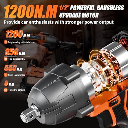 Protmex Cordless Impact Wrench, 900Ft-lbs (1200N.m) 1/2" Brushless Impact Gun, 21V High Torque Power Impact Driver, 2x4.0Ah Batteries Electric Impact Motor Variable Speeds for Car/Truck RV/Mower Protmex