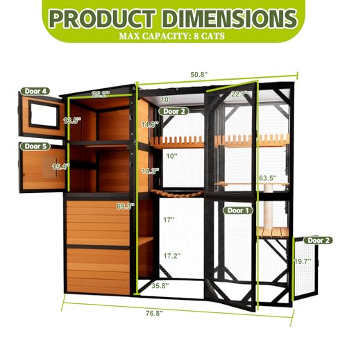 Nicedday Catio Outdoor Cat Enclosures, Large 4 Tiers Wood Cat House, Cat Enclosure Connect to Window with Weatherproof Roof, 4 Platforms, Scratching Pole & Bridge nicedday