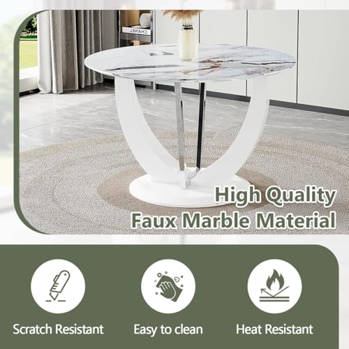 JUFU Round Dining Table Set for 4, 47" White Dinner Table Set for 4 with Marble Pattern Tabletop and PU Upholstered White-007 Chairs, Modern 4 Person Dining Table Set for Dinning Room, Kitchen, Café JUFU