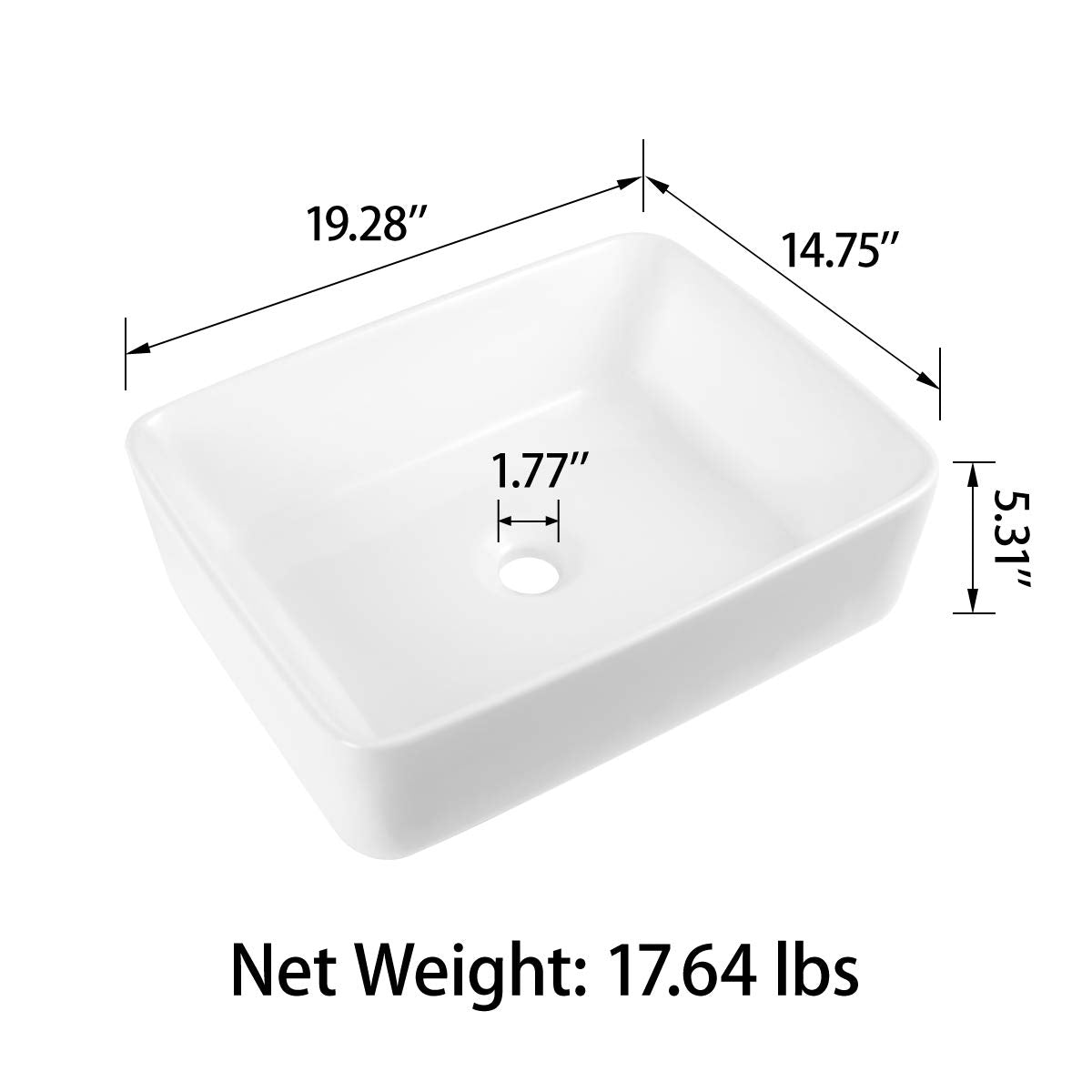 Sinber 19" x 15" x 5.31" White Rectangular Ceramic Countertop Bathroom Vanity Vessel Sink BVS1915A-OL Sinber