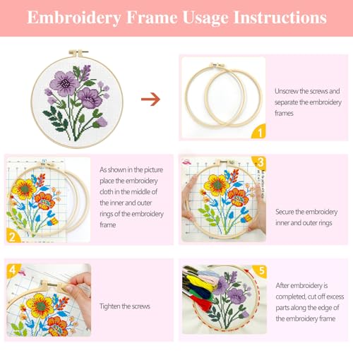 Zhenqing Purple Floral Bouquet Cross Stitch Kit for Beginners - 11CT 24x24cm Pre-Printed Pattern with Embroidery Hoop, Threads & Tools(70523)