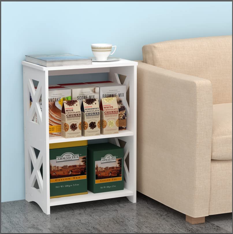 pikpuk Side Table, Narrow End Table with Storage Shelf, Minimalist Bedside Tables Nightstand, Small Bookshelf Bookcase, Bathroom Shelves, Display Rack for Bedroom, Living Room, Office, White. pikpuk