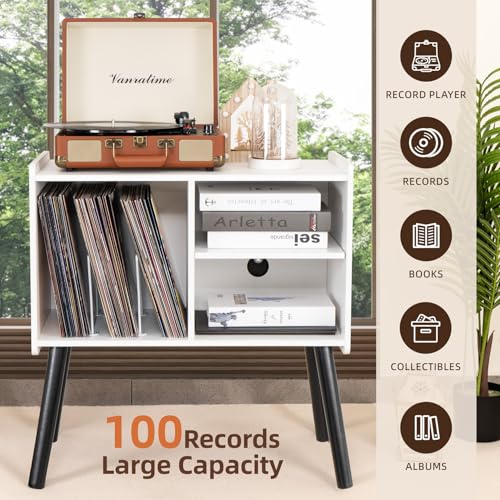 BEROXII Record Player Stand, Mid-Century Record Player Table with Storage Hold Up to 150 Albums , Vinyl Record Cabinet with Adjustable Shelves , Wood Turntable Stand for Living Room Bedroom, (White) BEROXII