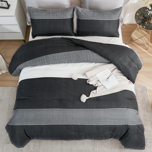 Litanika Full Size Comforter Sets Black White Grey - 3 Pieces Lightweight Bedding Set, All Season Down Alternative Comforter (1 Comforter, 2 Pillowcases) Litanika