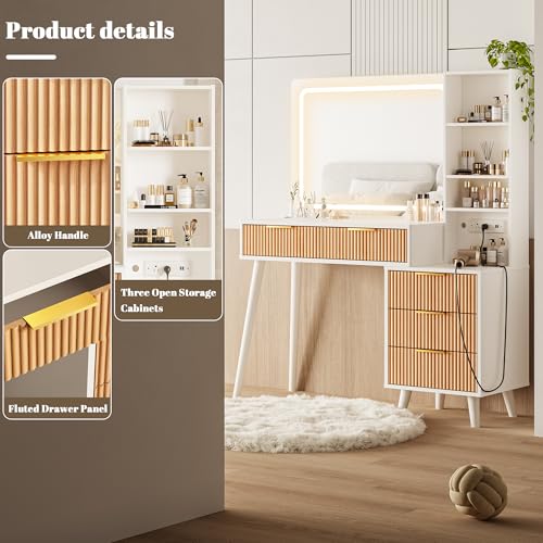 44" Vanity Desk with Mirror and Lights, Makeup Vanity Desk with Power Outlet, Makeup Desk with 5 Drawers&Storage Shelves, Vanity Table 3 Color Adjustable Brightness Dressing Table Set for Bedroom INNOD