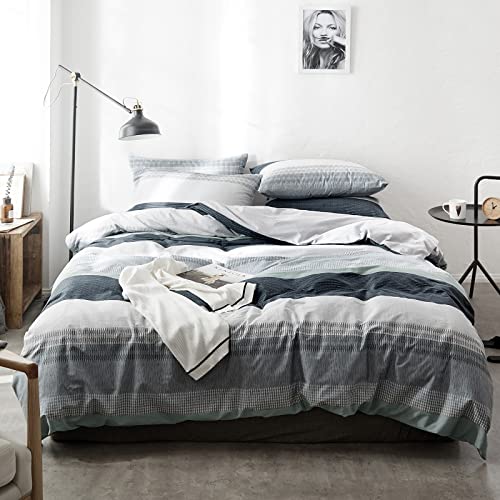 VM VOUGEMARKET Striped Bedding Duvet Cover Set King,3 Pieces Gray Blue Duvet Cover Sets,100% Cotton Modern Simple Comforter Cover with Zipper-King,Martin VM VOUGEMARKET