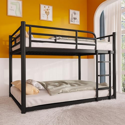 AUEYTVR Metal Full Over Full Size Bunk Bed for Adults & Kids,Low Profile Bunkbeds with Length Guardrail and Ladder, No Box Spring Needed,Space Saving,Black