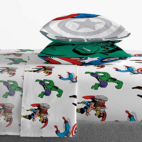 Jay Franco Kids Sheet Cartoon Set with Fitted, Flat Sheets & Pillow Cover - Ultra-Soft Bedding with Pillowcase for Room Decor, White - Avengers, 4 Piece Full Jay Franco