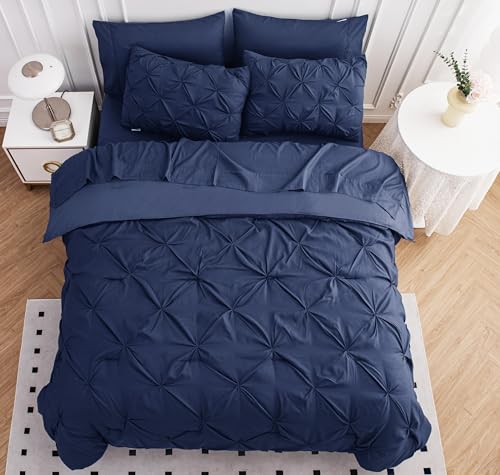 LANE LINEN Queen Comforter - Set of 7 Piece - Pintuck Stitch Design Bedding with 1 Comforter, 1 Flat Sheet, 1 Fitted Sheet, 2 Pillowcases & 2 Shams - Soft, Warm & Cozy Bedding Collection – Navy Blue LANE LINEN