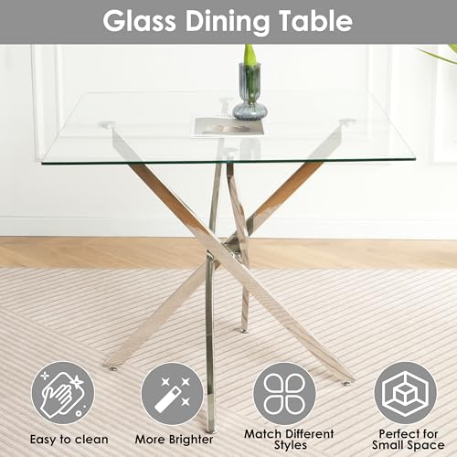 HAIZAO 5 Piece Silver Luxury Glass Dining Set, Modern Minimalist Kitchen Table Set for 4, 36'' Clear Square Glass Top Dinner Room Set, Grey High-end Tufted Chairs, for Small Place Living Room HAIZAO