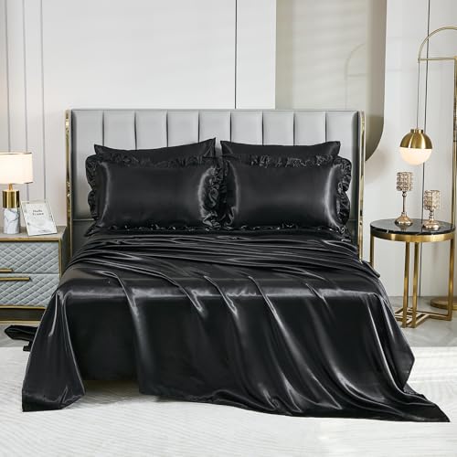 Black Satin Comforter Set,Queen Bed Set,Silk Like Satin Queen Comforter Set with Sheets,Silky Satin Bedding Set,Queen Bed in a Bag 8-Piece,Soft Smooth Sheets,Ruffled Luxury Bedding Set Bedbay