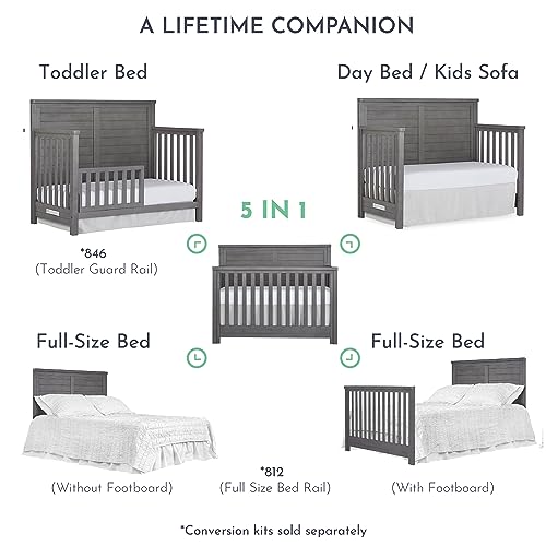 Evolur Belmar Flat 5-in-1 Convertible Crib in Rustic Grey, Features 3 Mattress Height Settings, Greenguard Gold Certified, Made of Kiln-Dried Hardwood Evolur