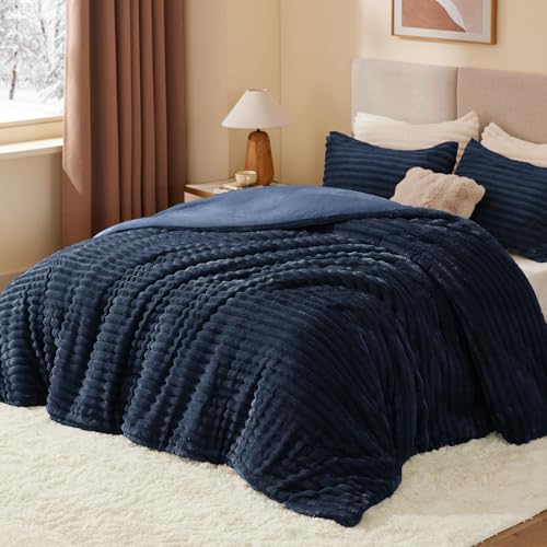 BEDELITE Fleece Queen Comforter Set -Super Soft & Warm Fluffy Navy Blue Bedding, Luxury Fuzzy Heavy Bed Set for Winter with 2 Pillow Cases BEDELITE