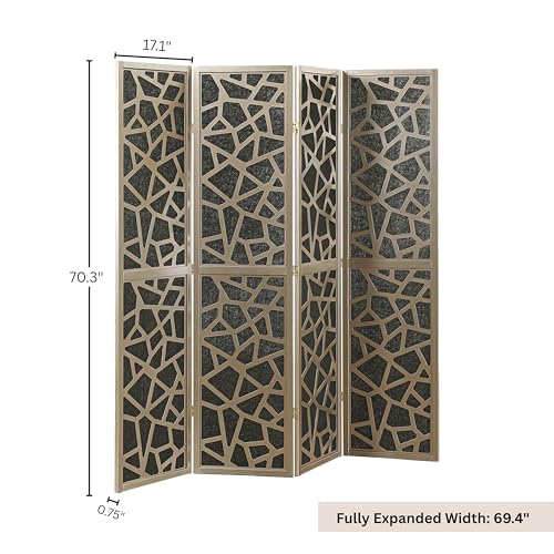 Roundhill Furniture Aurra 4-Panel Wood Room Divider, Folding Portable Partition Screen, Gold Roundhill Furniture