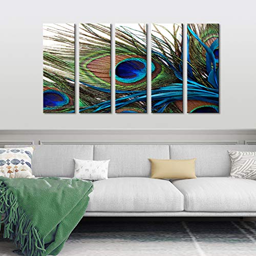 Wall Art for Living Room Bedroom Decoration Peacock Painting Canvas Print Framed Art Animal Feather Plume Modern Art for Office Wall Décor Teal Blue Green 5 Panels Large Size CANVASZON