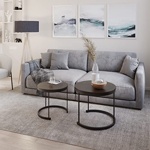 Nesting Coffee Table Set – Set of 2 Small Round Tables Nest Together for Saving Space – Modern Industrial Living Room Tables by Lavish Home (Brown) Lavish Home