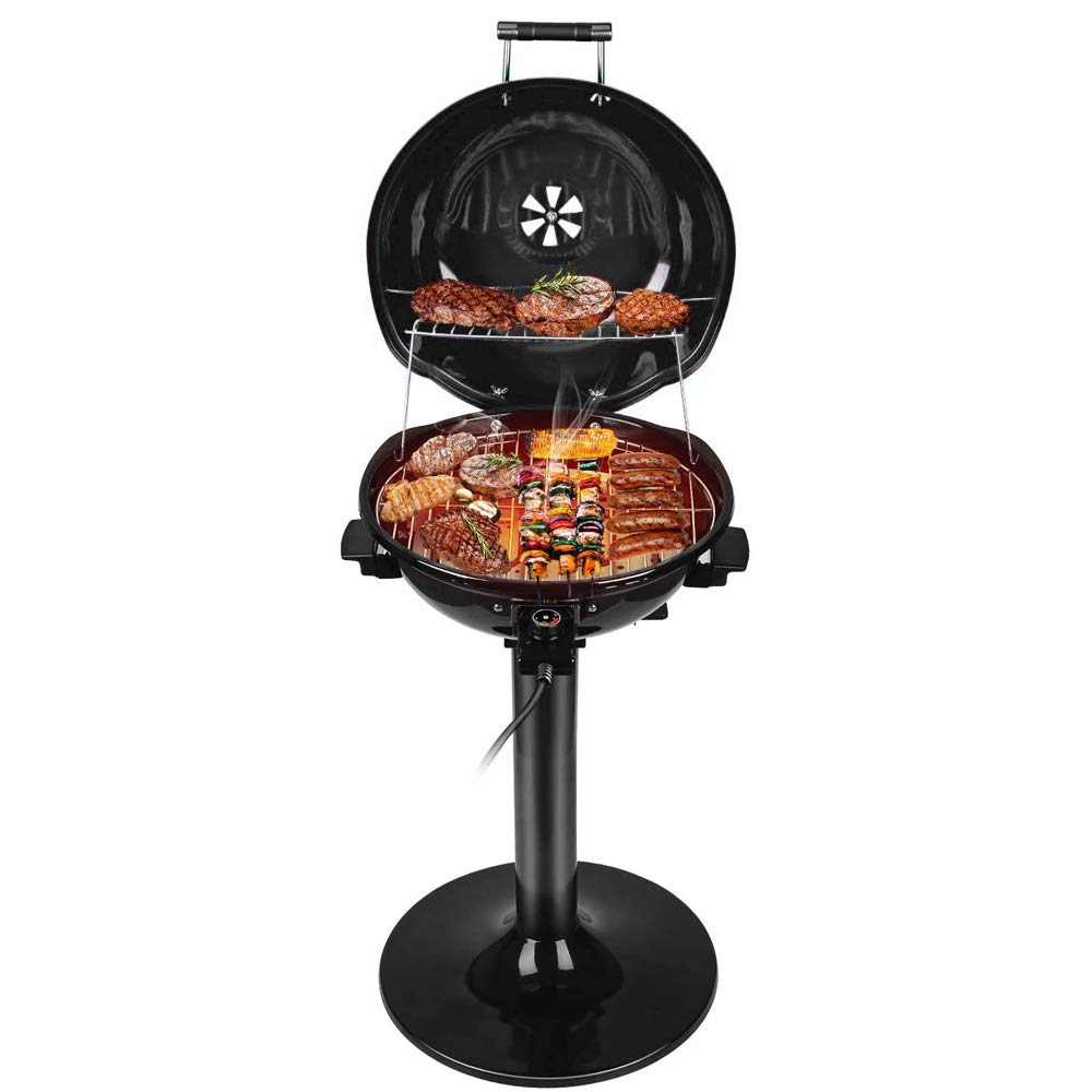 Electric BBQ Grill Techwood 15-Serving Indoor/Outdoor Electric Grill for Indoor & Outdoor Use, Double Layer Design, Portable Removable Stand Grill, 1600W (Stand Black BBQ Grills) Techwood
