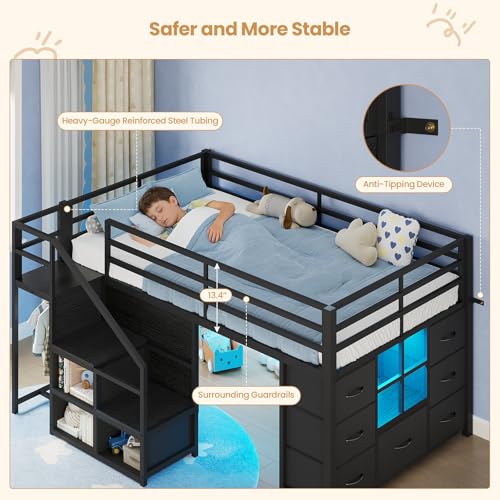 BTHFST Low Loft Bed Twin Size with Stairs & LED Lights, Kids Loft Bed with 7 Storage Drawers & 3 Open Cubbies & Handy Clothes Rail, Twin Loft Bed with Safety Guardrail, Under-Bed Play Area, Black BTHFST