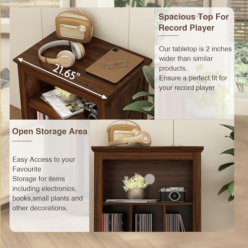 RowyPoey Farmhouse Record Player Stand, 3 Tier End Table, Turntable Stand with Vinyl Record Storage ,Wood Record Holder Cabinet Dispaly Shelf for Living Room,Bedroom,Rustic Brown RowyPoey