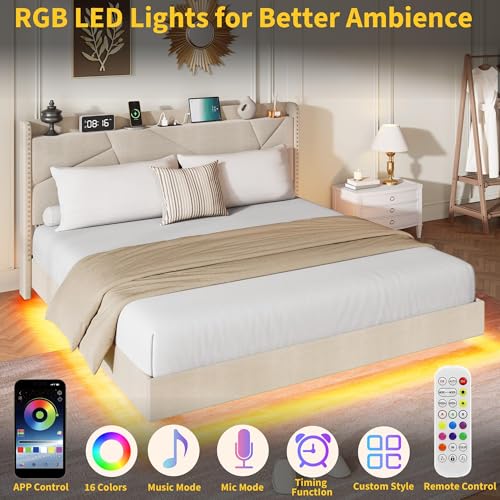 Garvee King Size Floating Bed Frame with RGB LED Lights and Charging Station, Upholstered Platform Bed with Storage Headboard and Button Tufted Design, No Box Spring Needed, Beige Garvee