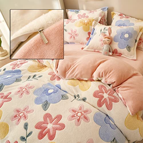 LMONMOO Pink Duvet Cover Queen Size, Fluffy Comforter Cover Set, Kawaii Bunny Bedding Sets for Girl Ultra Soft Cute Floral Bed Set for Kids (Flower, Queen) LMONMOO