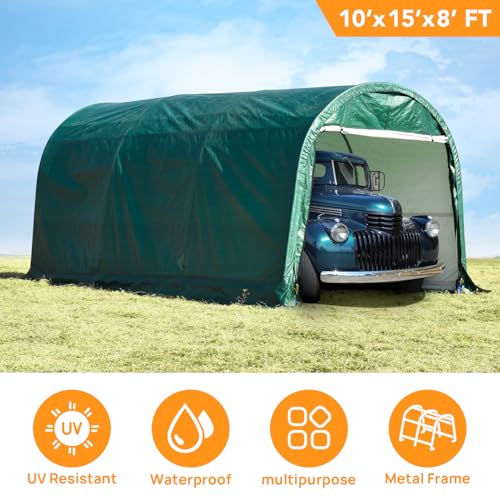 Walsport 10x15 Carport Canopy, Portable Garage with Steel Frame and Waterproof Cover, Round Roof Car Tent for Outdoor Storage Shed Car (Green) walsport