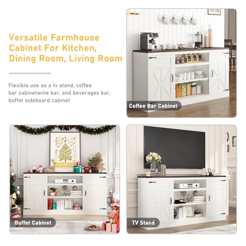 Hlivelood 66" Farmhouse TV Stand with Power Outlets for 75 65 Inch TVs, 33" Tall Entertainment Center with Storage Cabinets w/Adjustable Shelves, Rustic Large TV Media Console for Living Room, White Hlivelood