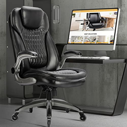 Executive Office Chair-Ergonomic Computer Desk Chair, High Back Leather Chair with Padded Flip-up Arms, Swivel Home Office Chair Upgraded Caster-Black COLAMY
