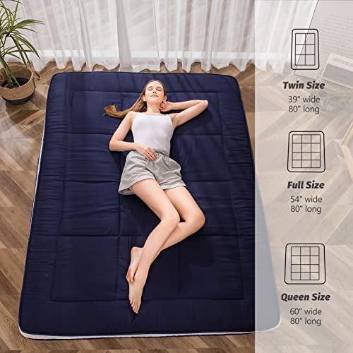 MAXYOYO Futon Mattress, Padded Japanese Floor Mattress Quilted Bed Mattress Topper, Extra Thick Folding Sleeping Pad Breathable Floor Lounger Guest Bed for Camping Couch, Navy, Full MAXYOYO